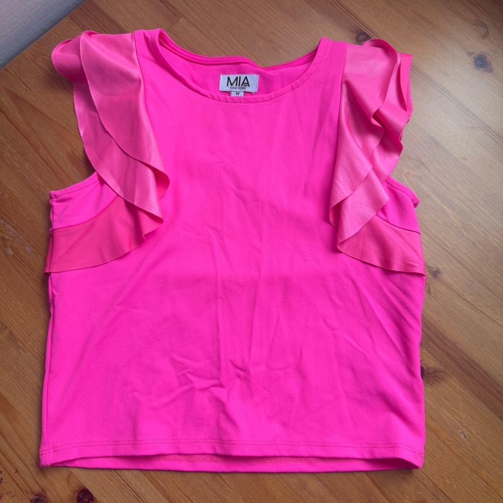 MIA fluorescent pink frilly sleeveless blouse size medium girls nwot